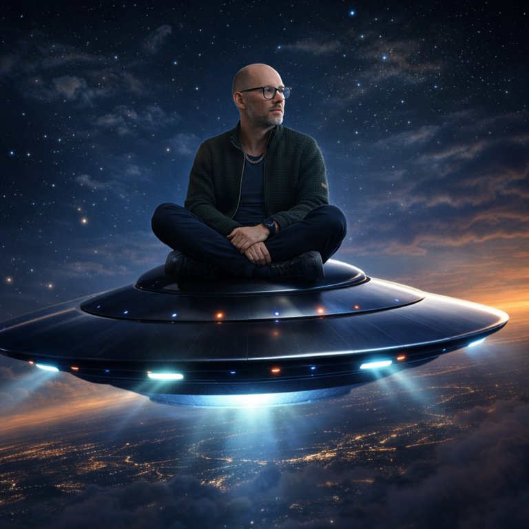 Mario sittandes på ett UFO, på väg in i framtiden med sin reklambyrå